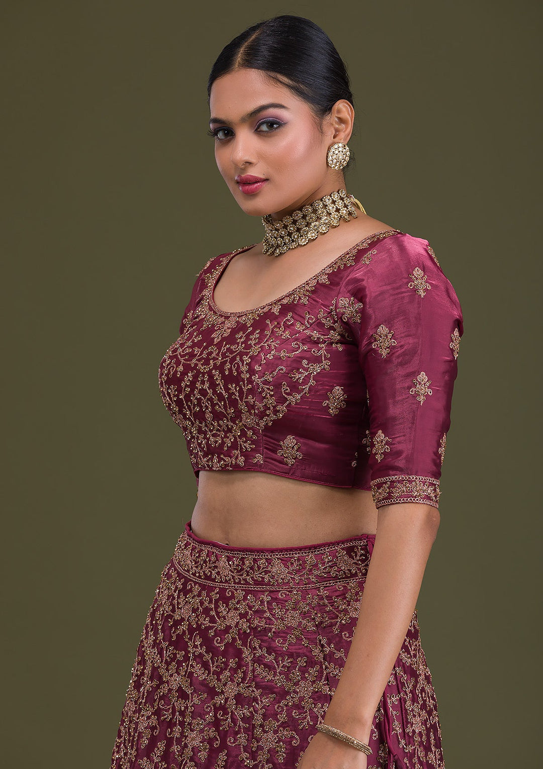 Maroon Zariwork Net Semi Stitched Lehenga-Koskii