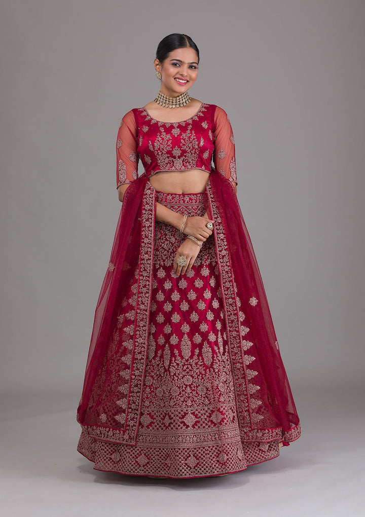 Maroon Zariwork Net Semi Stitched Lehenga-Koskii