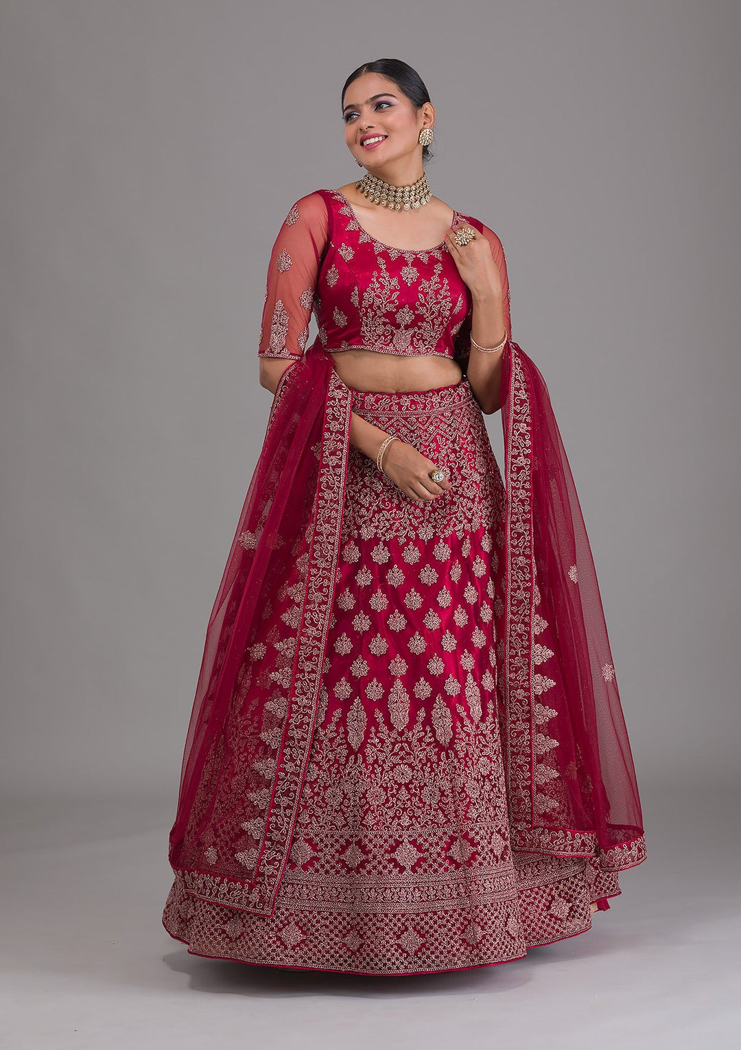 Maroon Zariwork Net Semi Stitched Lehenga-Koskii