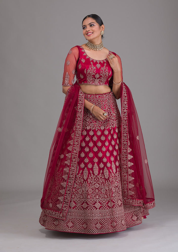 Maroon Zariwork Net Semi Stitched Lehenga-Koskii
