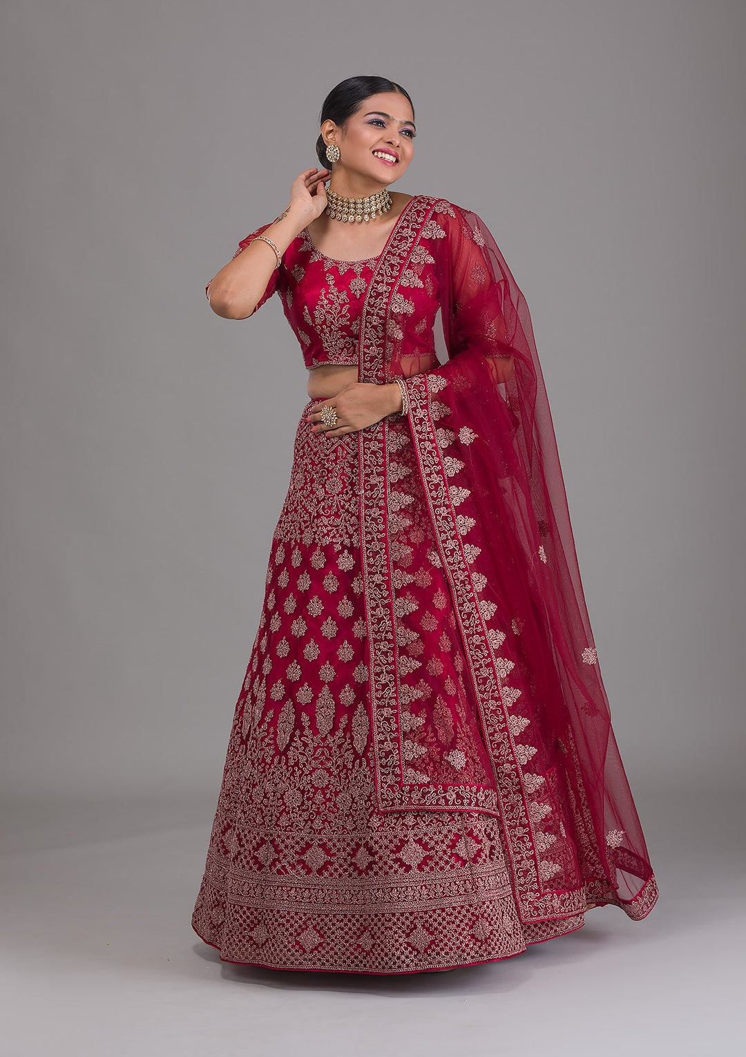 Maroon Zariwork Net Semi Stitched Lehenga-Koskii
