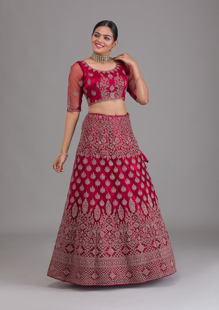 Maroon Zariwork Net Semi Stitched Lehenga-Koskii