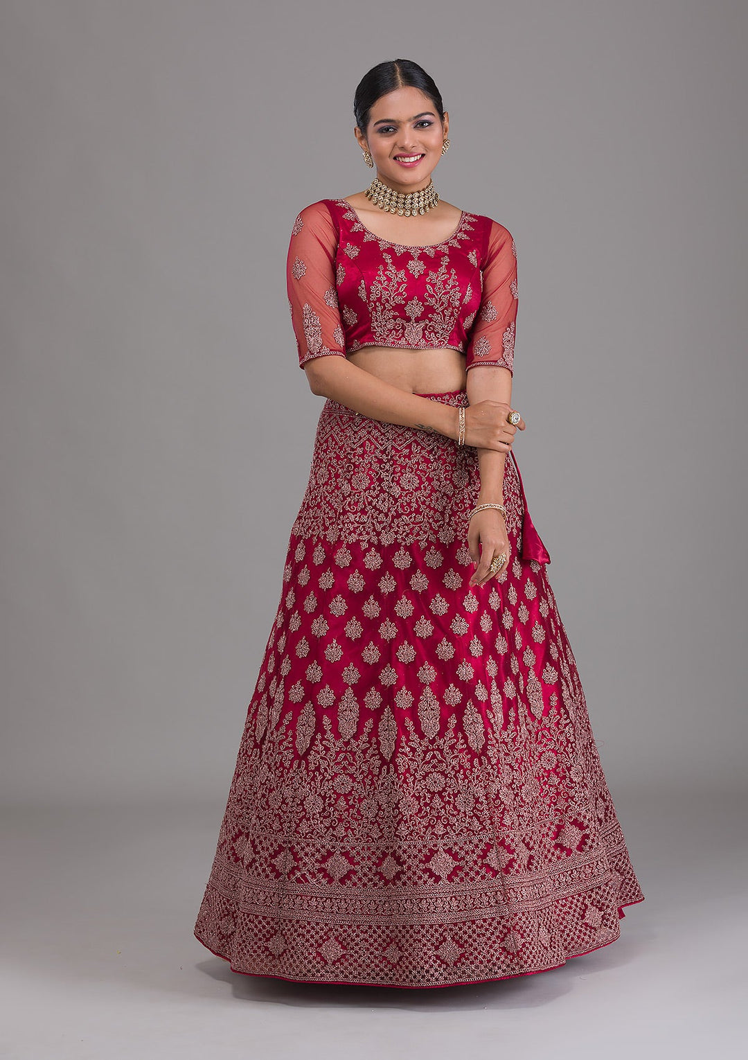 Maroon Zariwork Net Semi Stitched Lehenga-Koskii