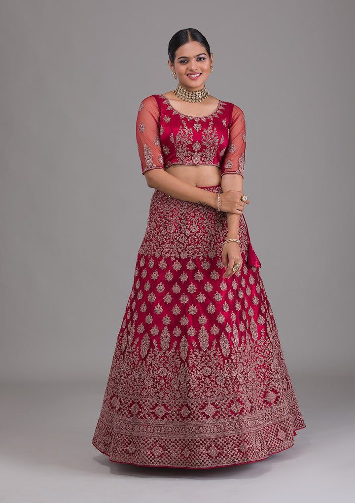 Maroon Zariwork Net Semi Stitched Lehenga-Koskii
