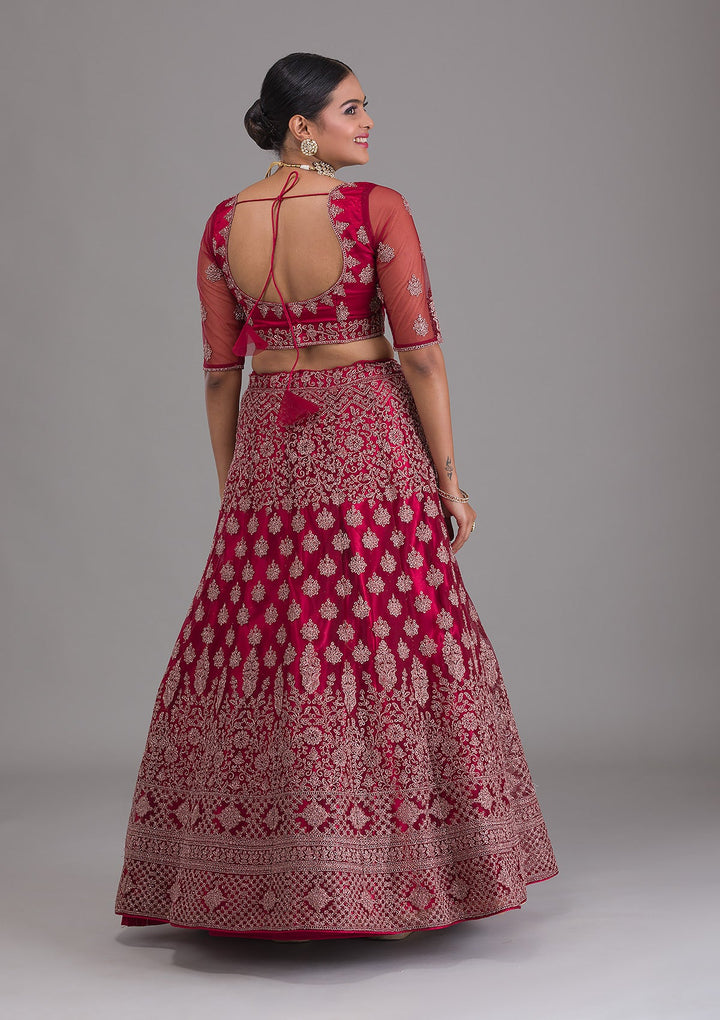 Maroon Zariwork Net Semi Stitched Lehenga-Koskii