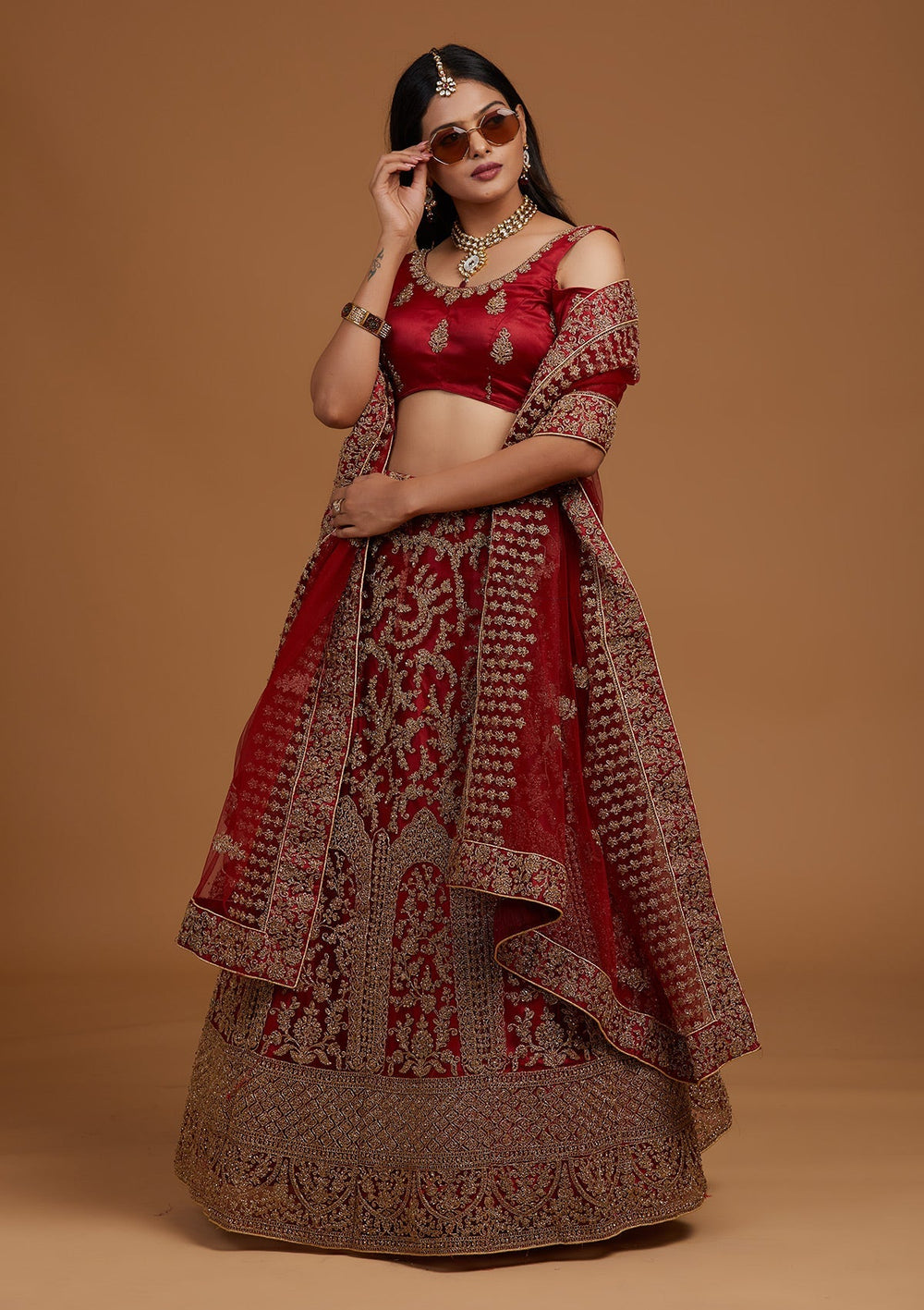 Maroon Zariwork Net Designer Lehenga-Koskii