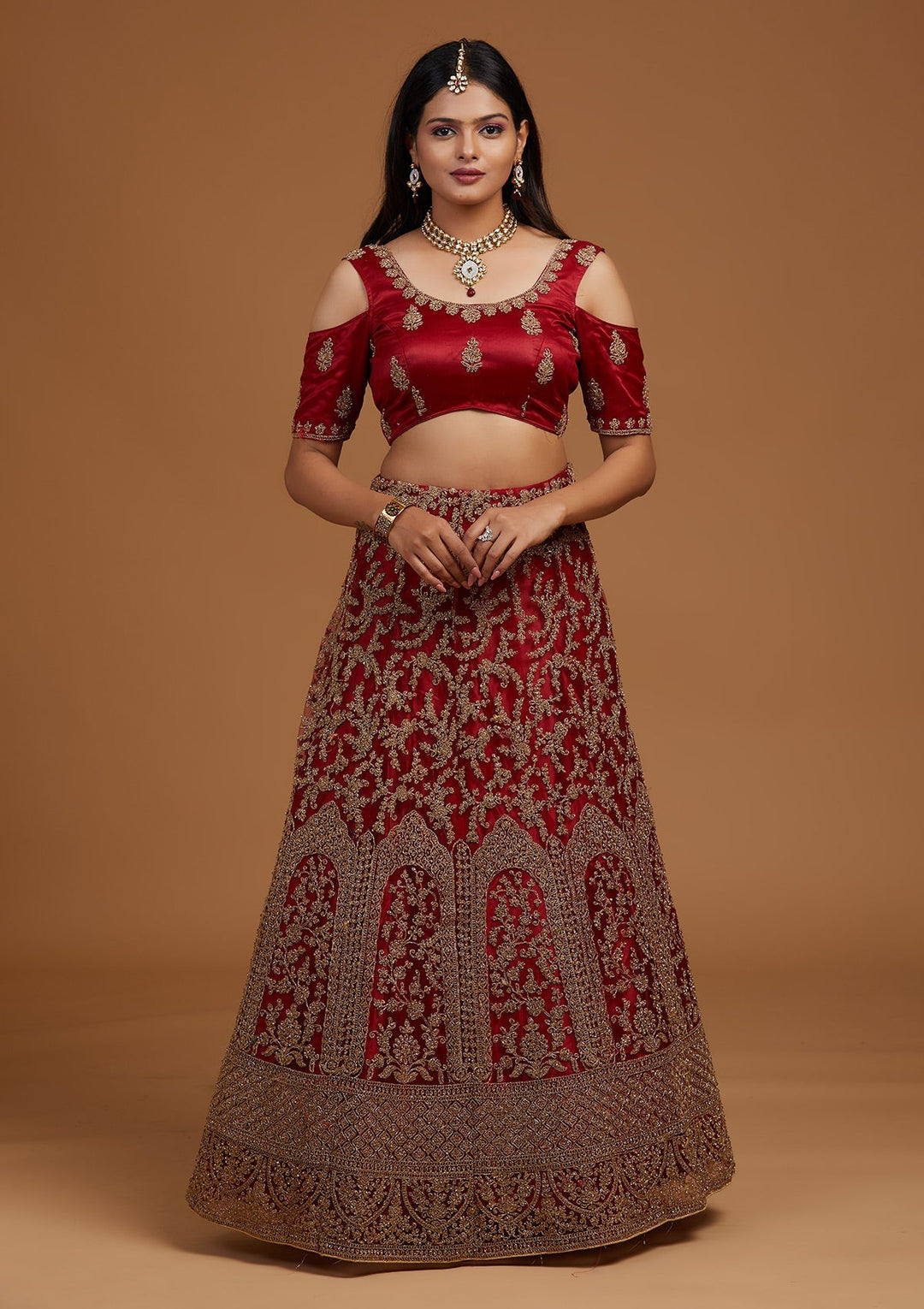 Maroon Zariwork Net Designer Lehenga-Koskii