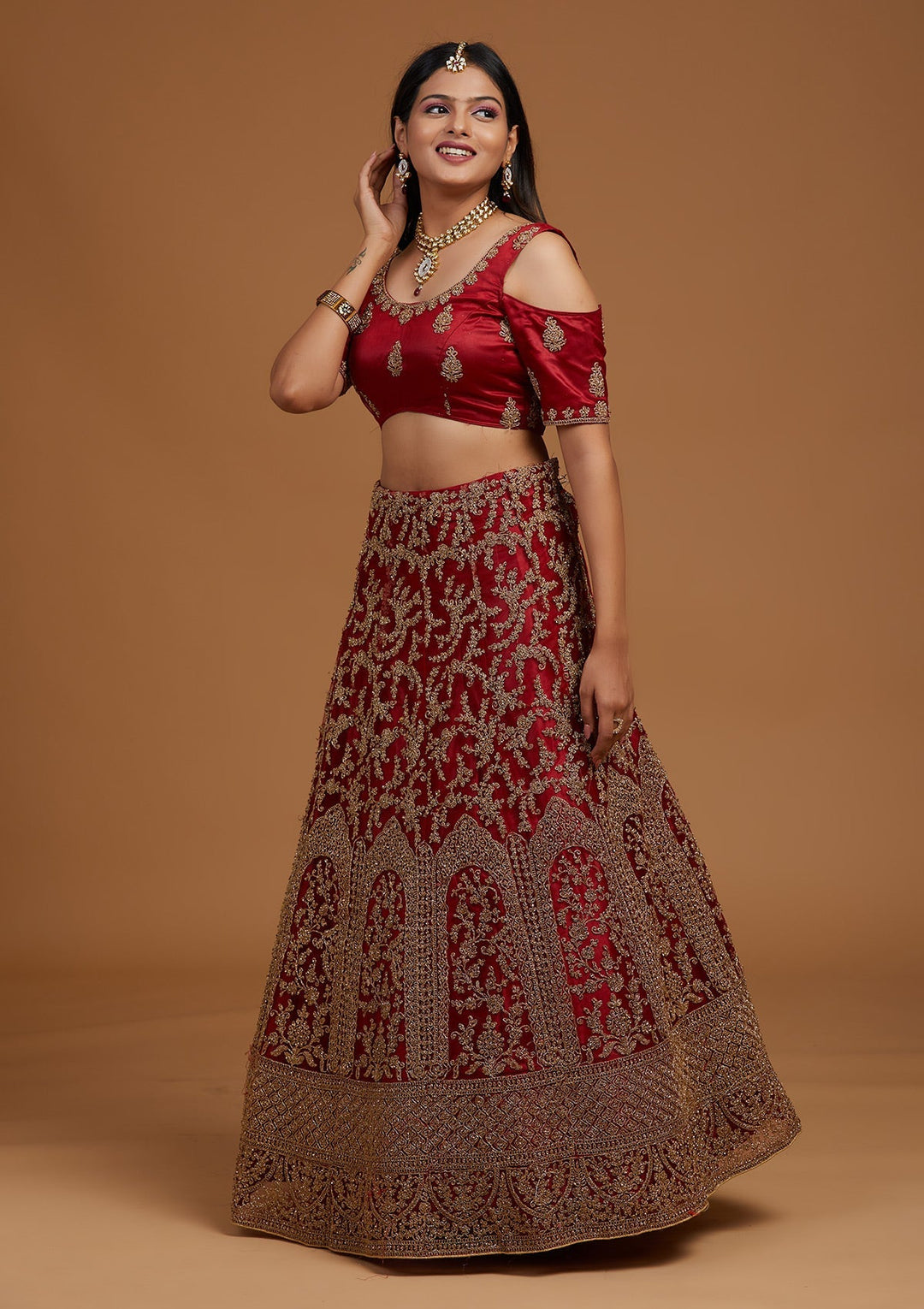 Maroon Zariwork Net Designer Lehenga-Koskii