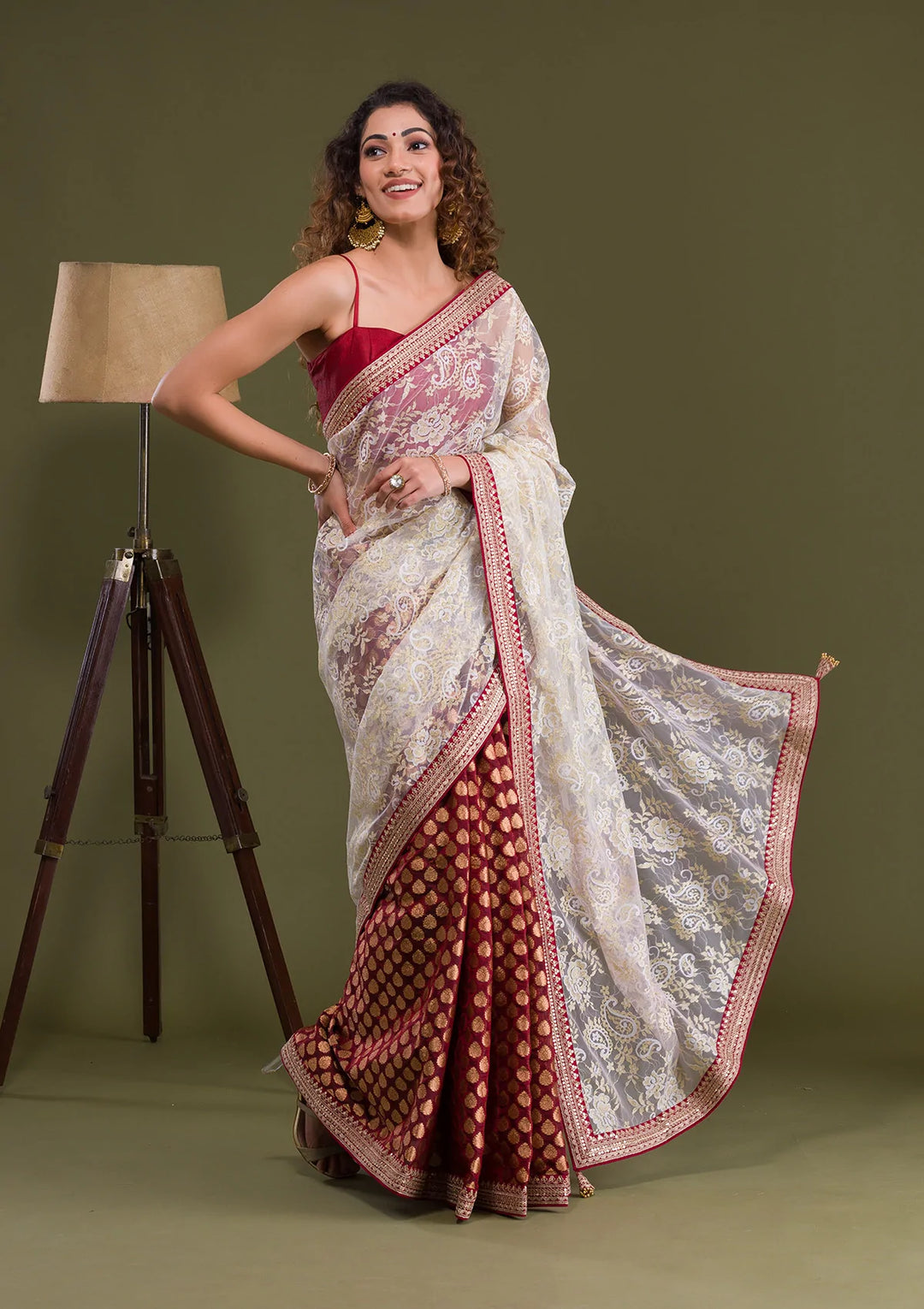 Maroon Zariwork Net Saree-Koskii