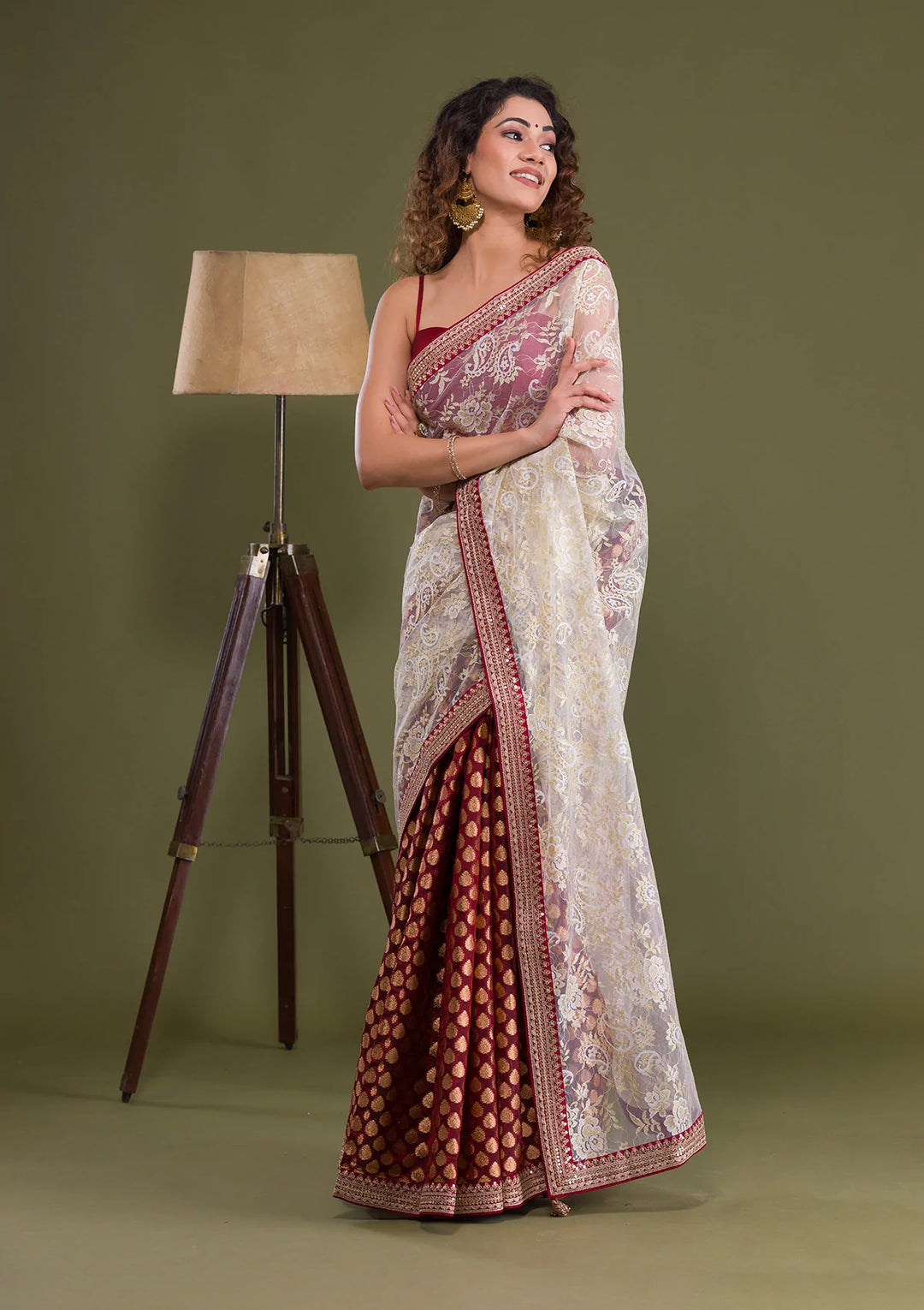 Maroon Zariwork Net Saree-Koskii