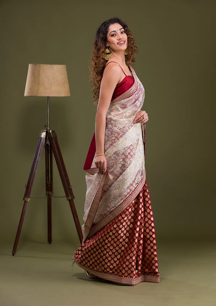 Maroon Zariwork Net Saree-Koskii
