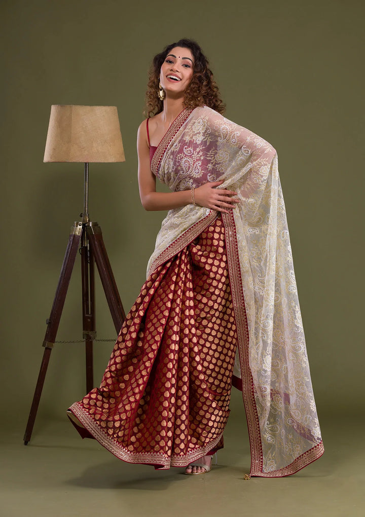 Maroon Zariwork Net Saree-Koskii