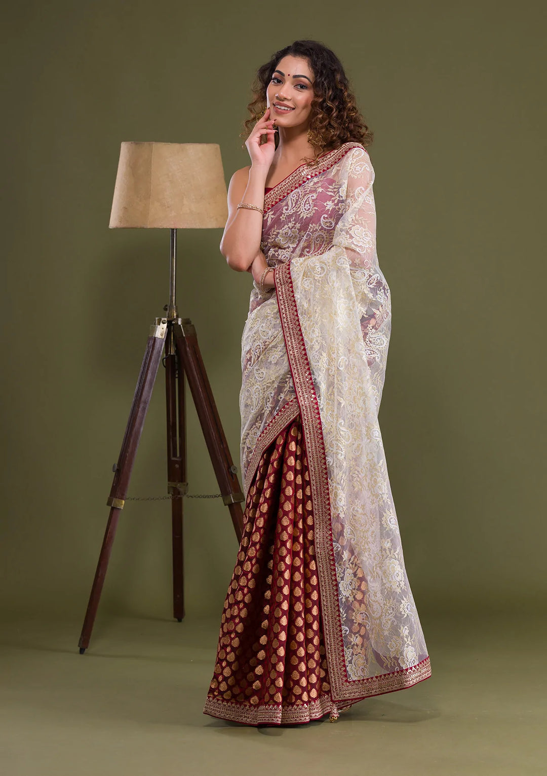Maroon Zariwork Net Saree-Koskii
