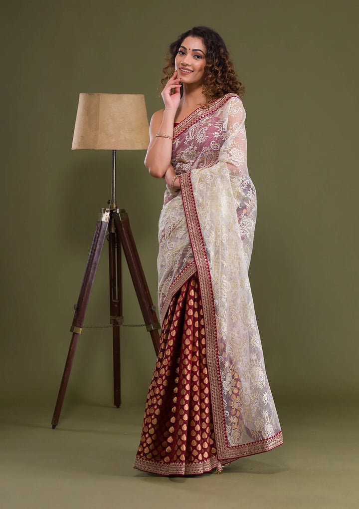 Maroon Zariwork Net Saree-Koskii