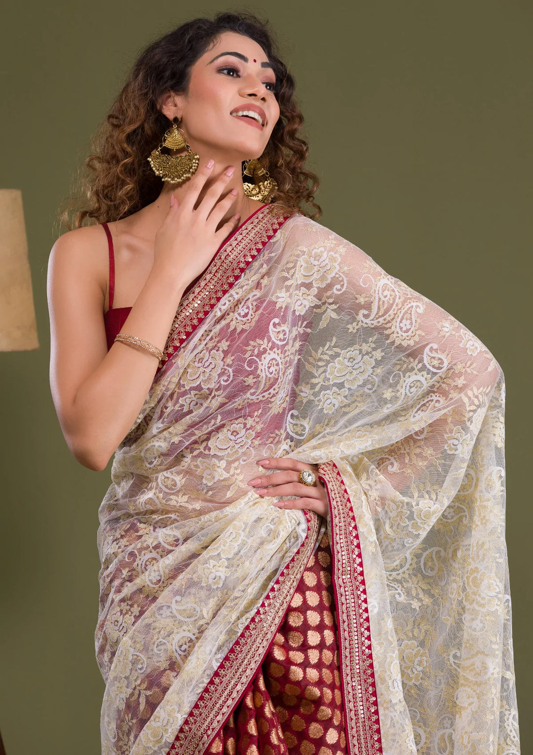 Maroon Zariwork Net Saree-Koskii