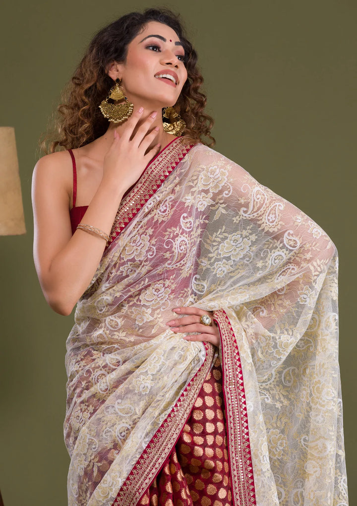 Maroon Zariwork Net Saree-Koskii