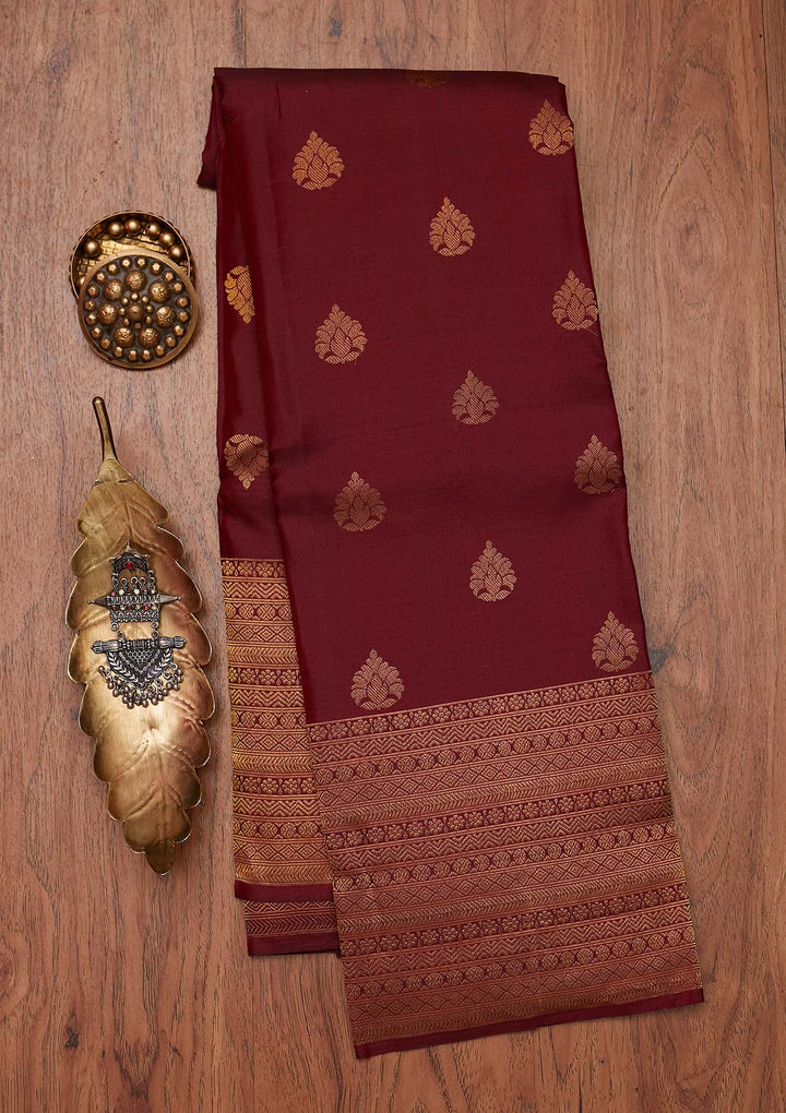 Maroon Zariwork Pure Silk Designer Unstitched Saree - Koskii