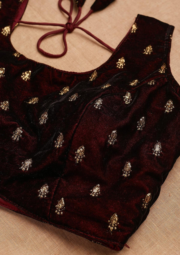 Maroon Zariwork Raw Silk Blouse-Koskii