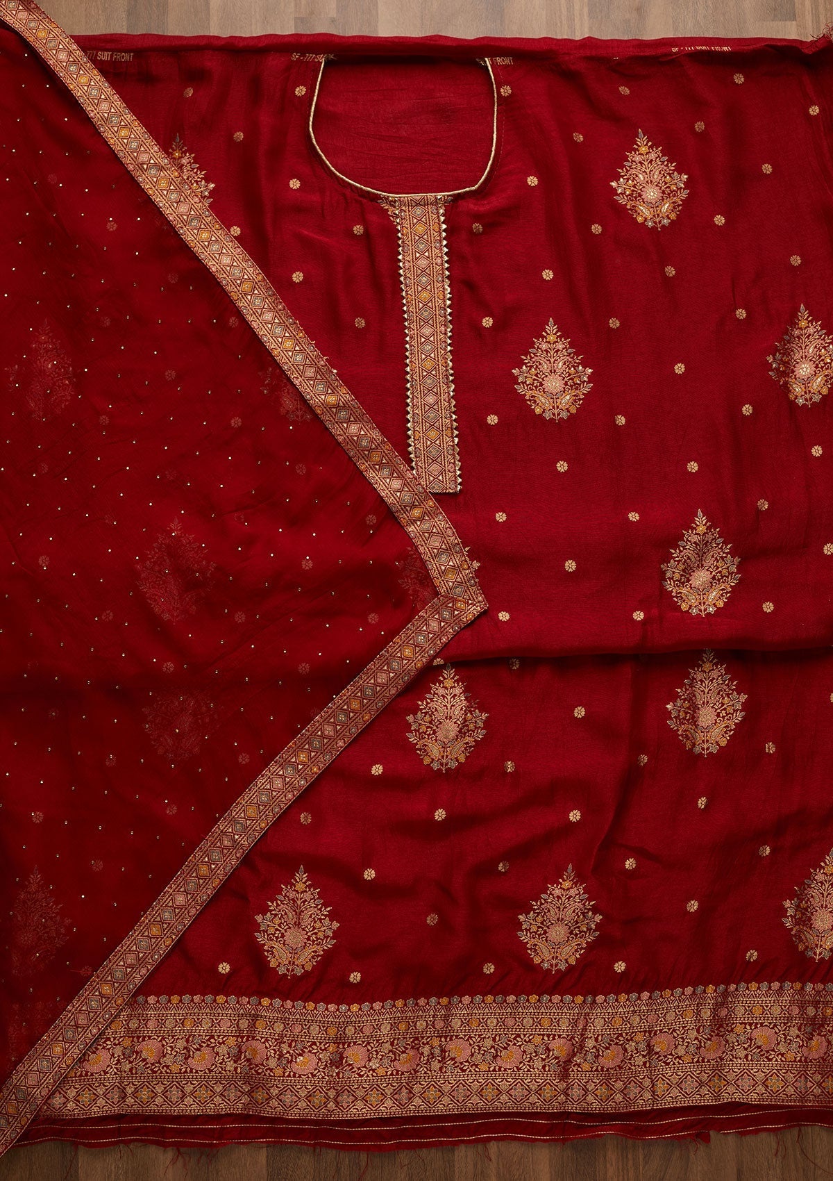 Maroon Zariwork Raw Silk Semi-Stitched Salwar Suit-Koskii