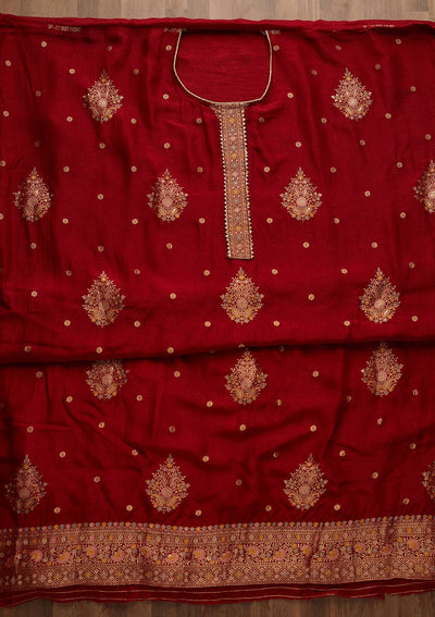 Maroon Zariwork Raw Silk Semi-Stitched Salwar Suit-Koskii