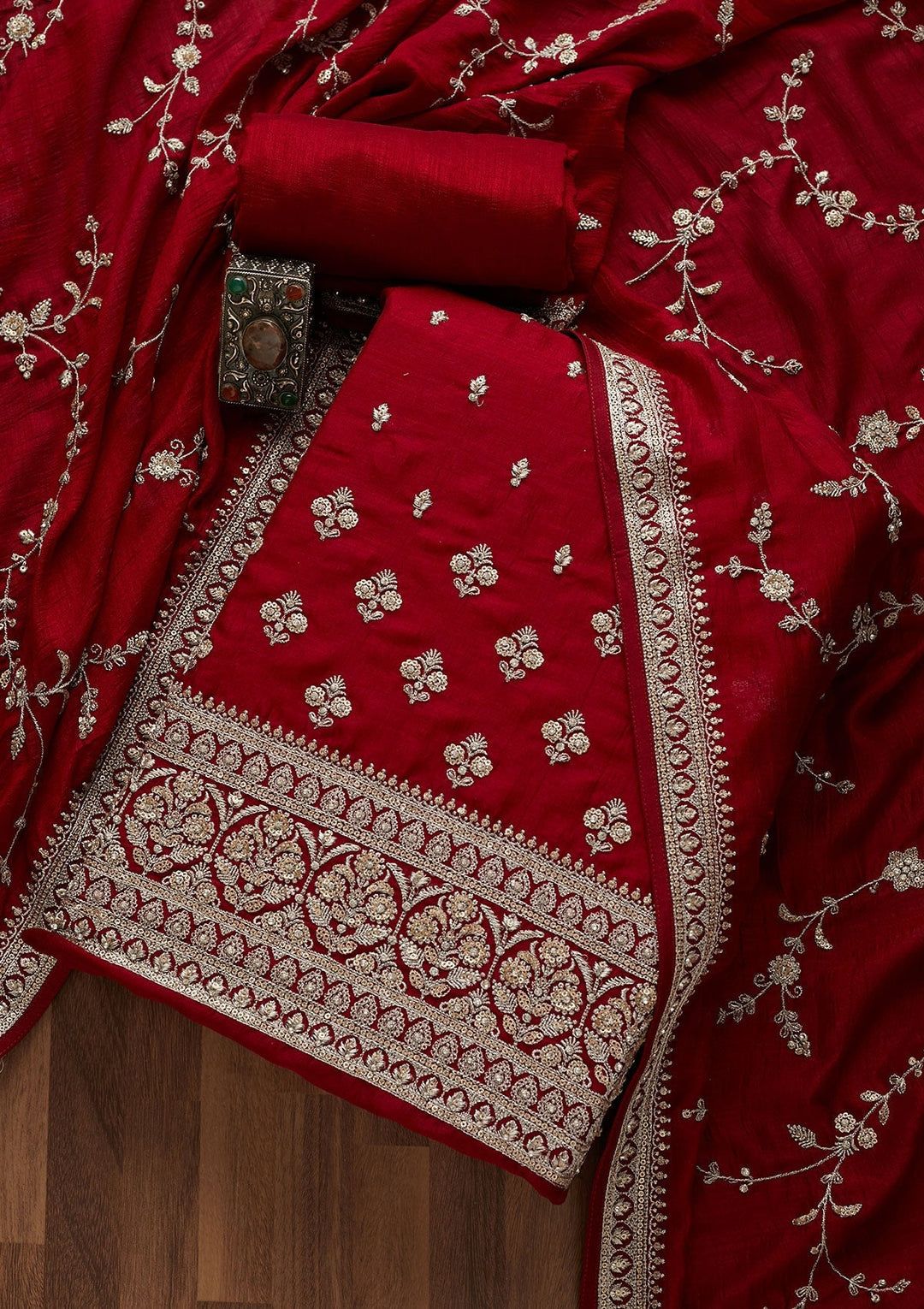 Maroon Zariwork Raw Silk Unstitched Salwar Suit-Koskii