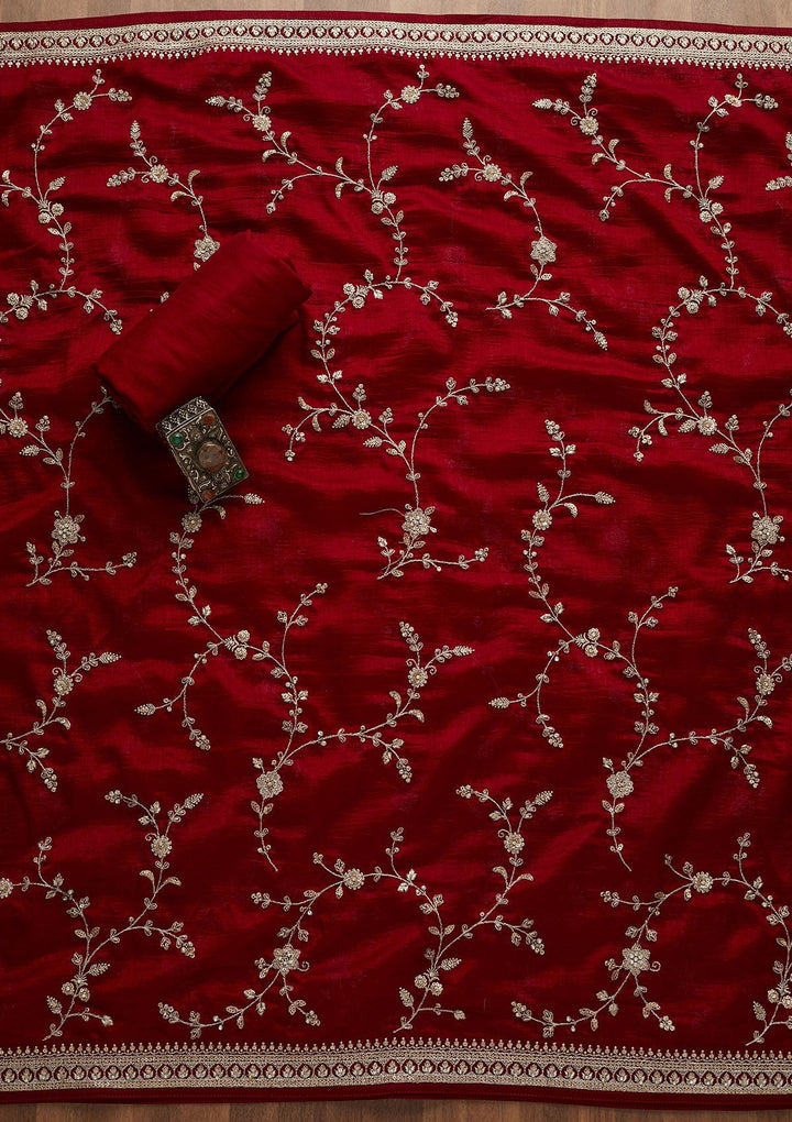 Maroon Zariwork Raw Silk Unstitched Salwar Suit-Koskii