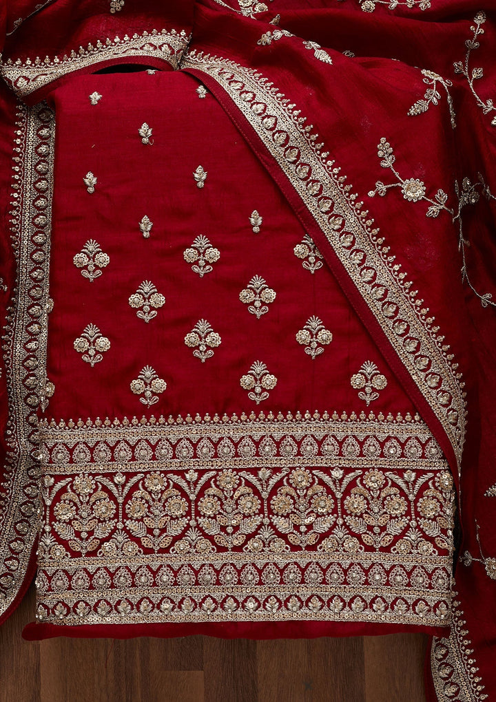 Maroon Zariwork Raw Silk Unstitched Salwar Suit-Koskii