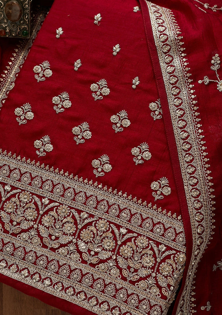 Maroon Zariwork Raw Silk Unstitched Salwar Suit-Koskii