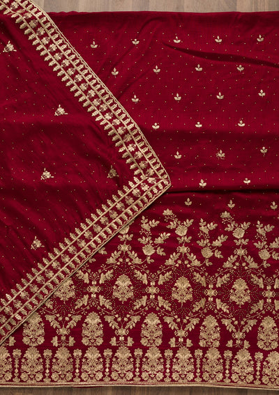 Maroon Zariwork Raw Silk Unstitched Salwar Suit-Koskii