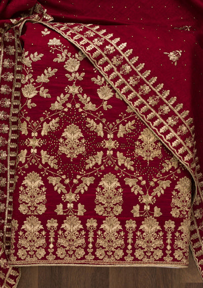 Maroon Zariwork Raw Silk Unstitched Salwar Suit-Koskii