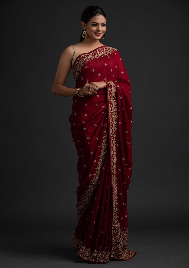 Maroon Zariwork Raw Silk Designer Saree - koskii