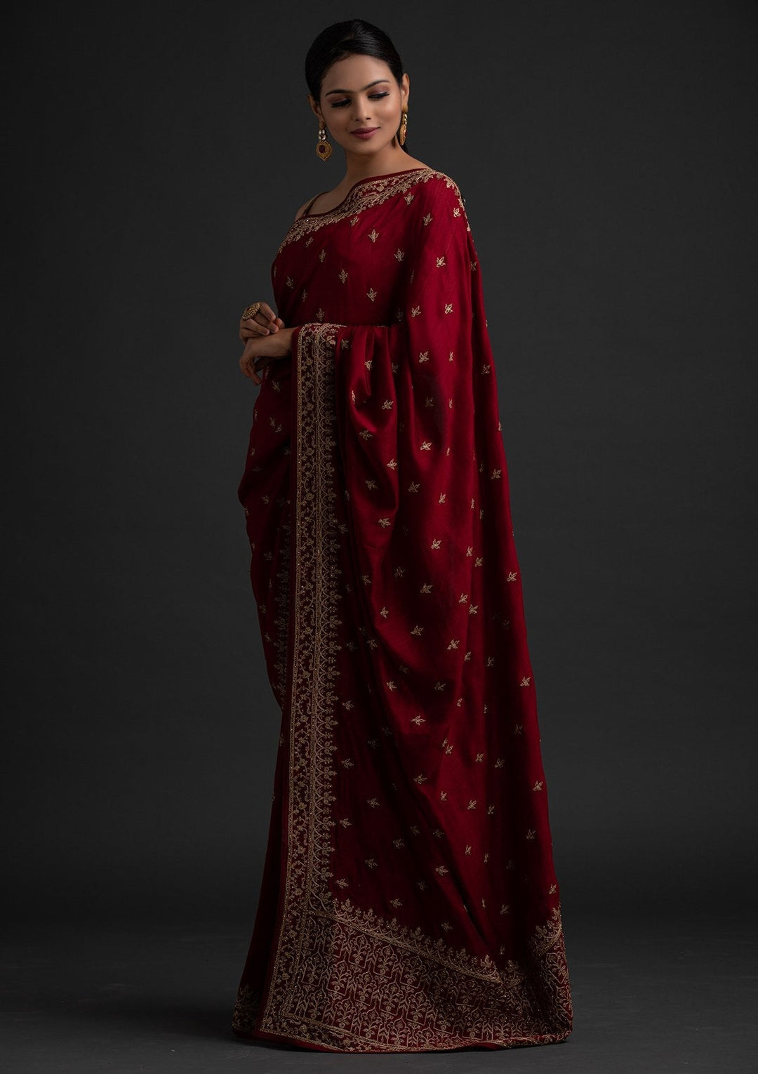 Maroon Zariwork Raw Silk Designer Saree - koskii