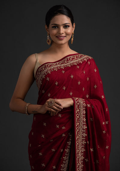 Maroon Zariwork Raw Silk Designer Saree - koskii