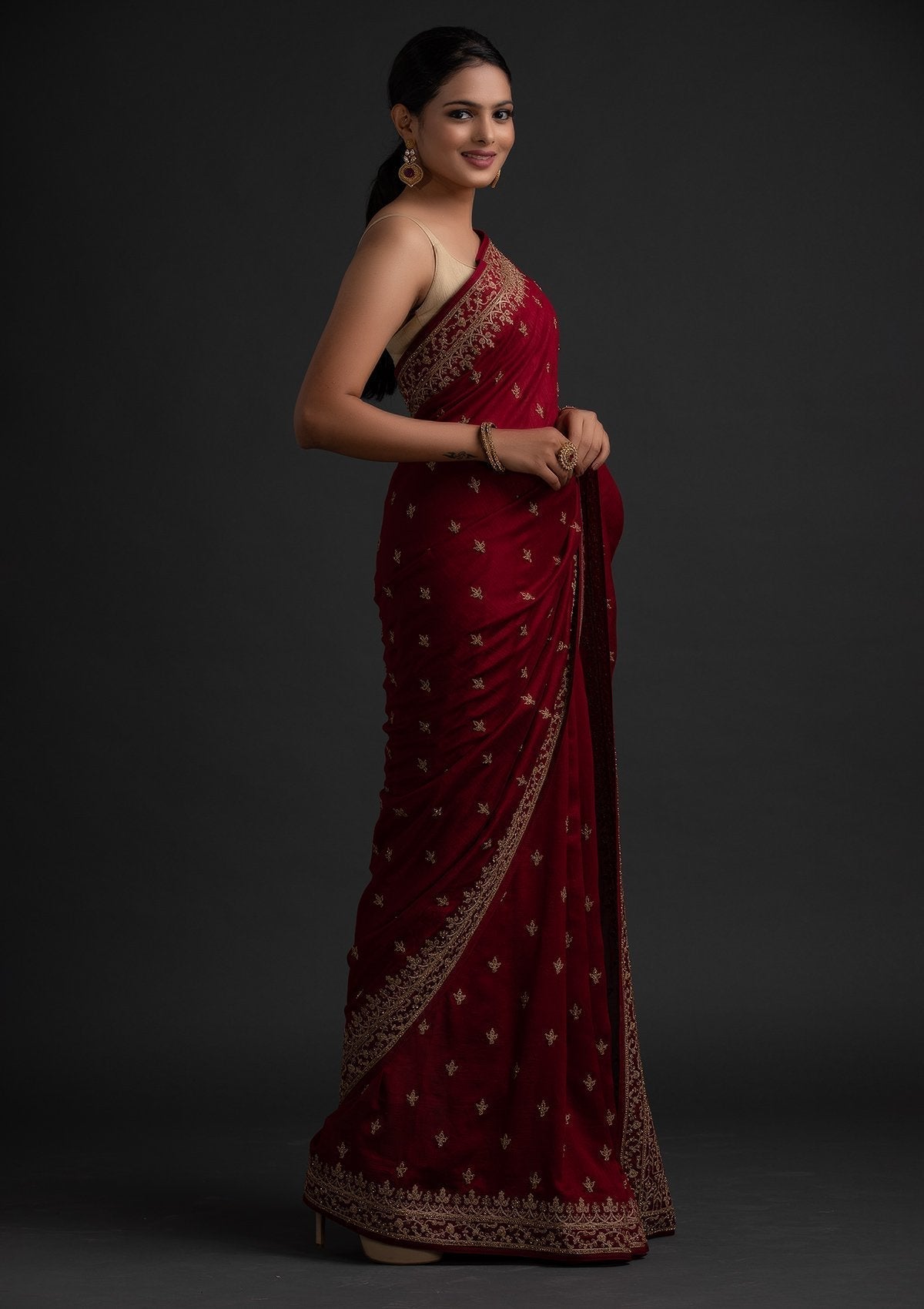 Maroon Zariwork Raw Silk Designer Saree - koskii