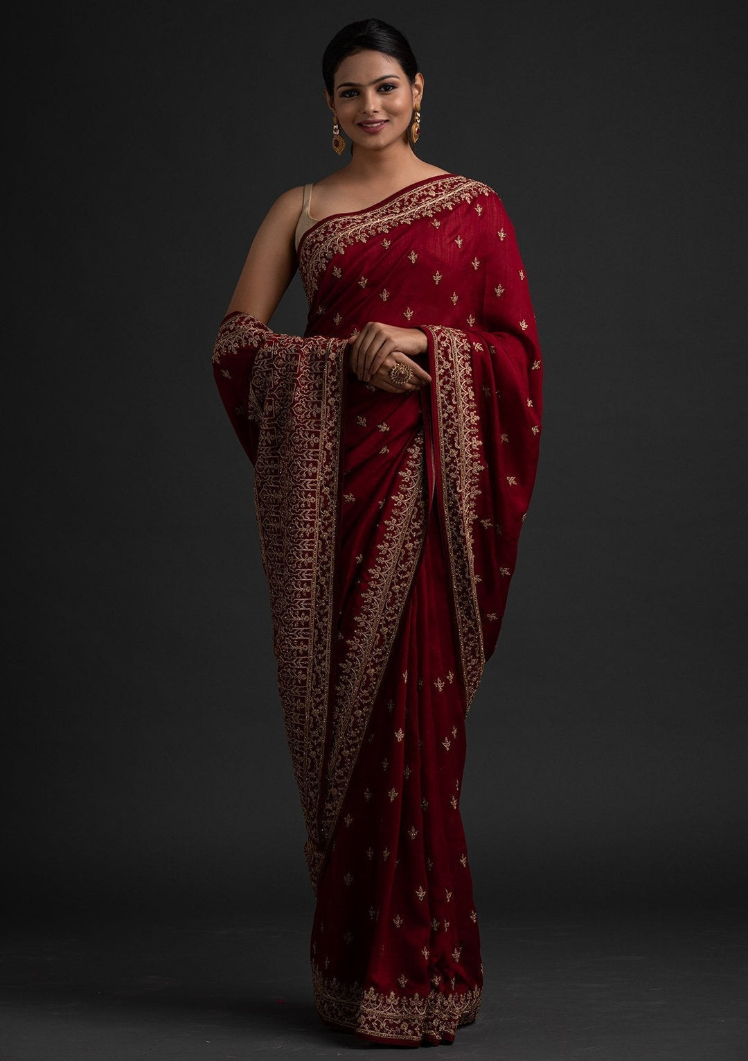 Maroon Zariwork Raw Silk Designer Saree - koskii