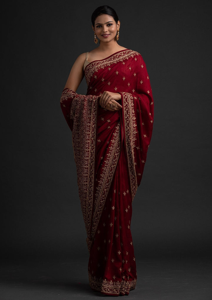 Maroon Zariwork Raw Silk Designer Saree - koskii