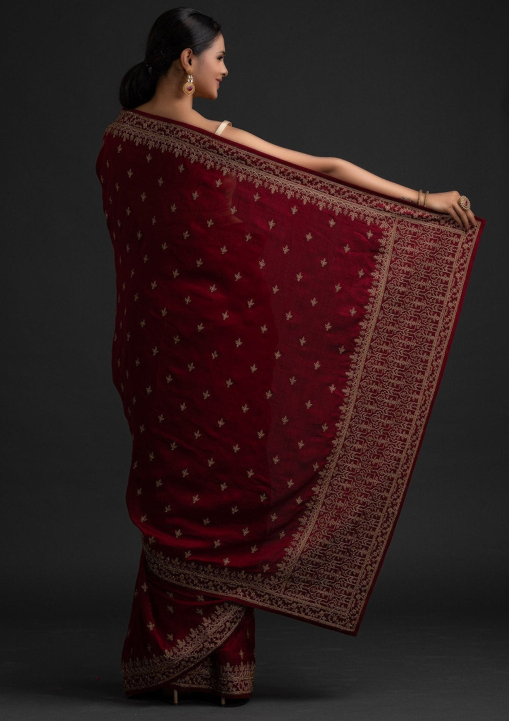 Maroon Zariwork Raw Silk Designer Saree - koskii