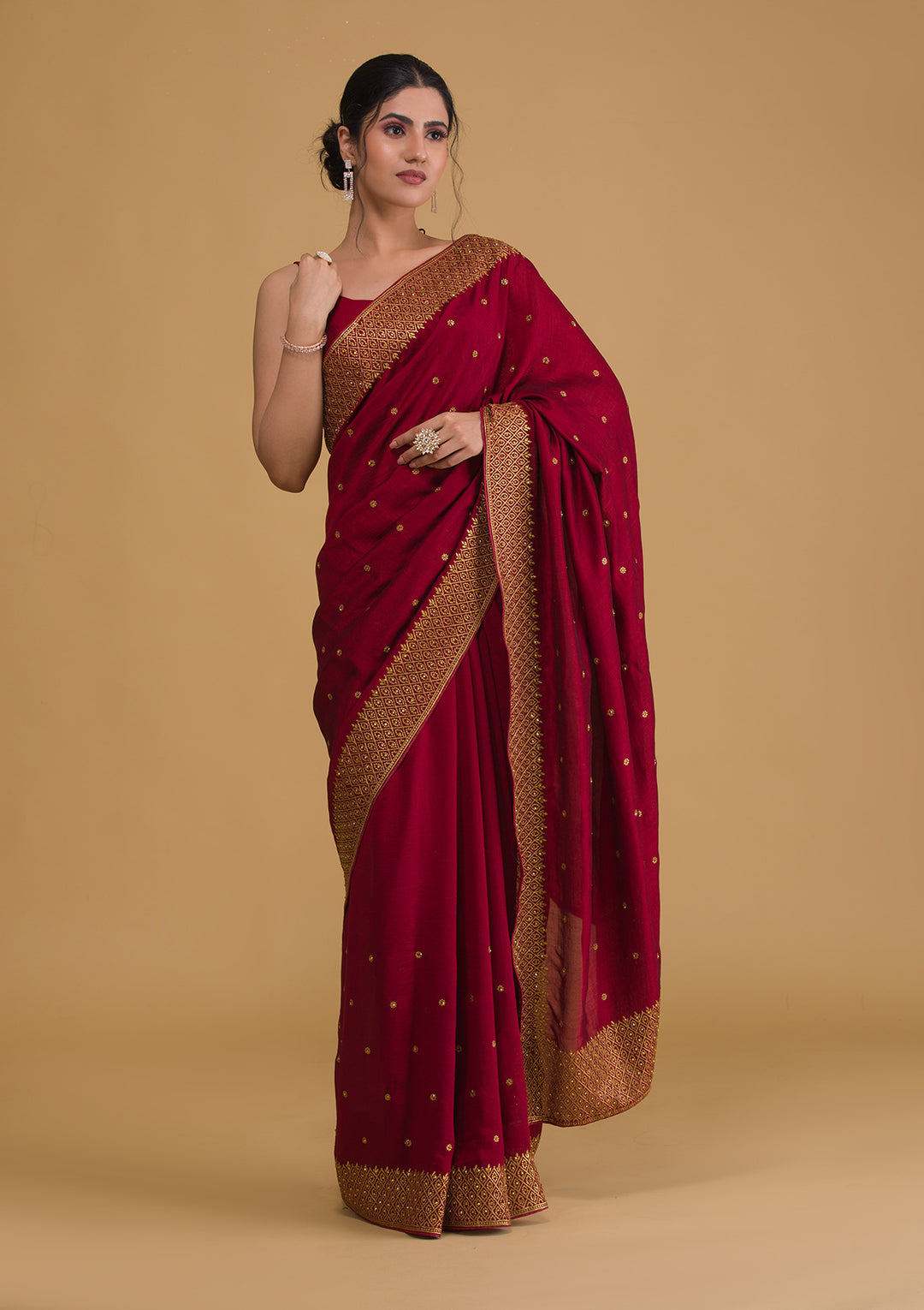 Maroon Zariwork Semi Crepe Designer Saree-Koskii