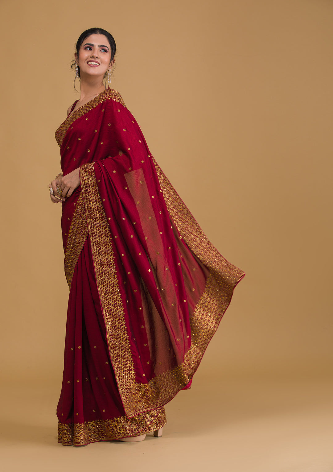 Maroon Zariwork Semi Crepe Designer Saree-Koskii