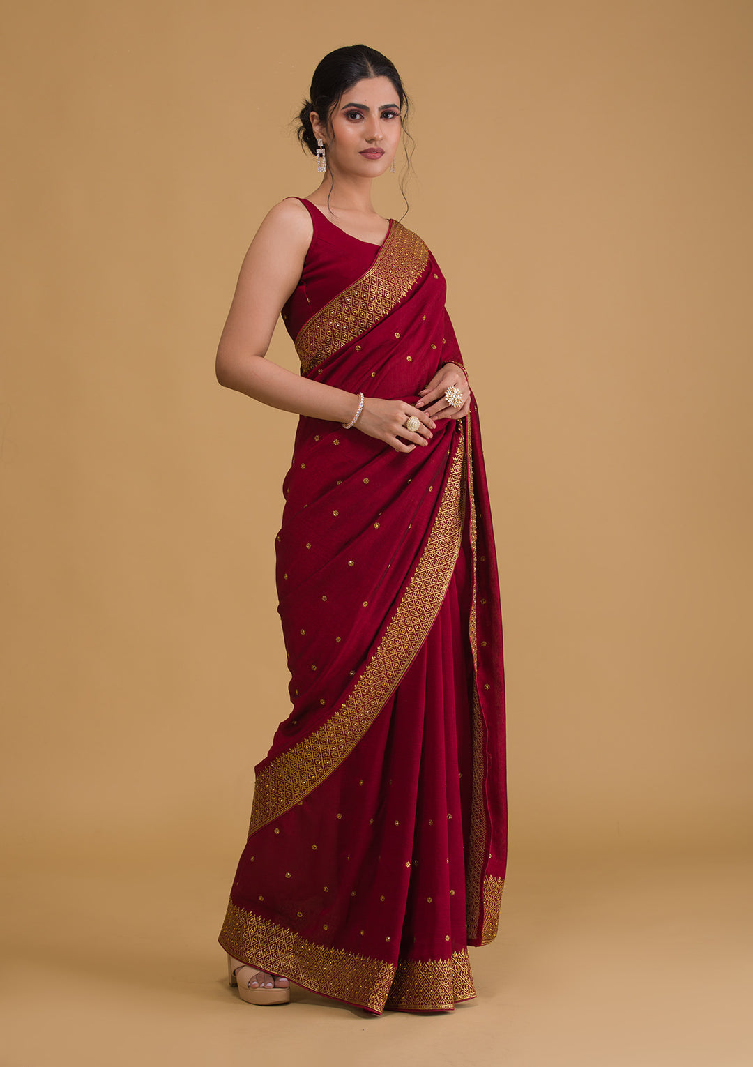 Maroon Zariwork Semi Crepe Designer Saree-Koskii