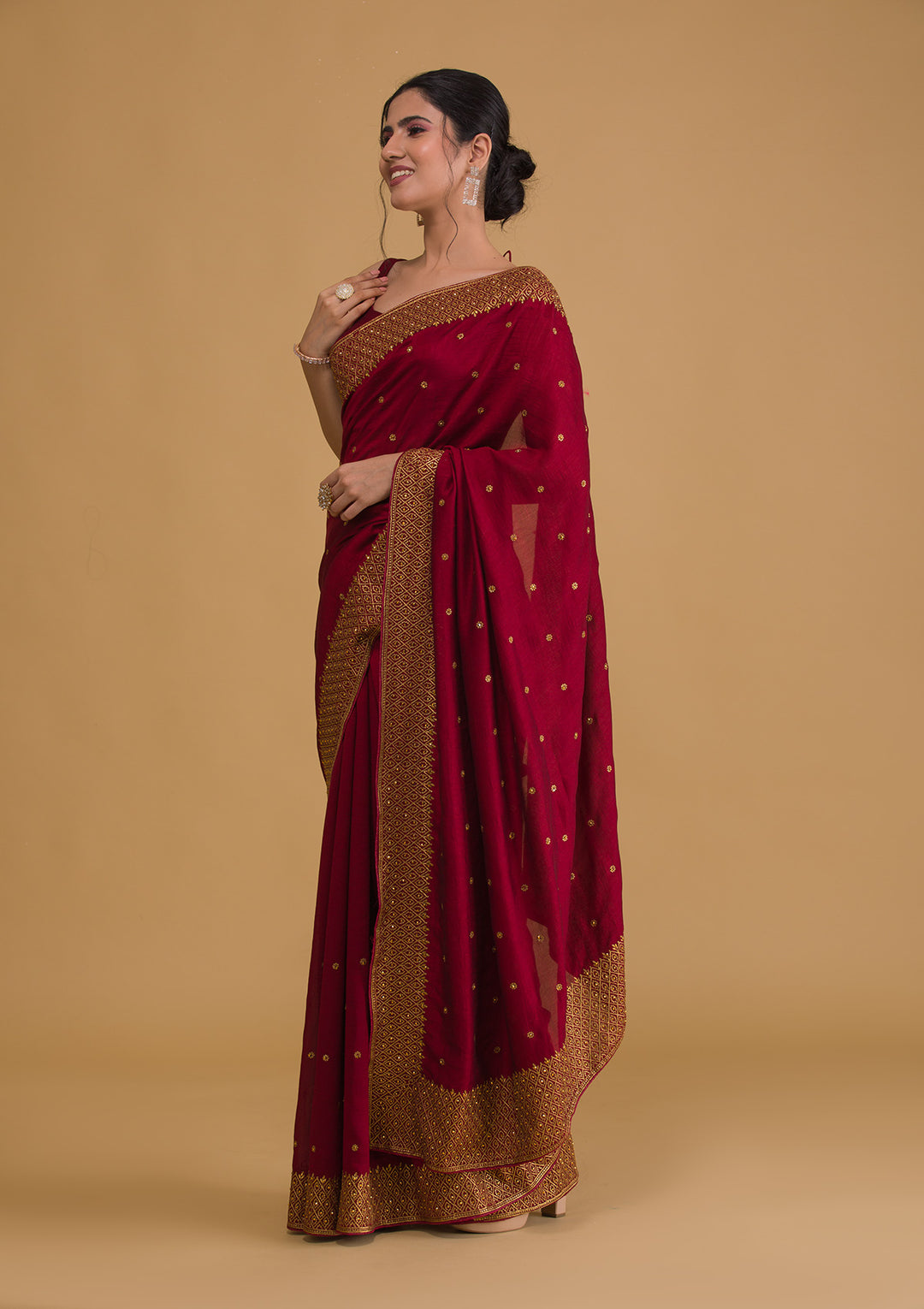 Maroon Zariwork Semi Crepe Designer Saree-Koskii