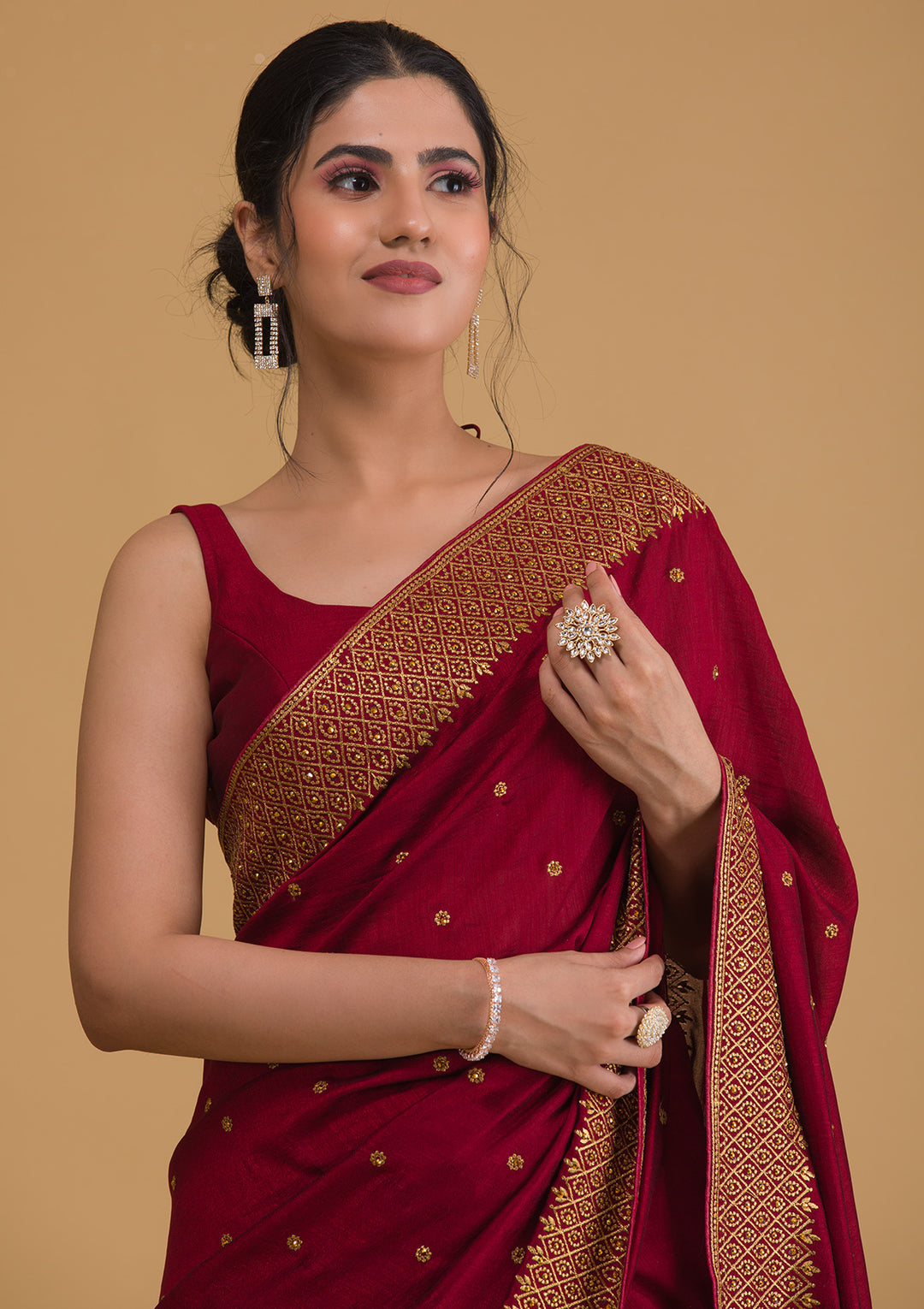 Maroon Zariwork Semi Crepe Designer Saree-Koskii