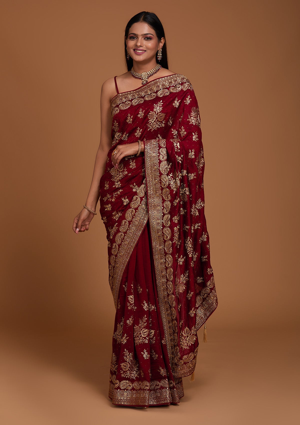 Maroon Zariwork Raw Silk Designer Saree-Koskii