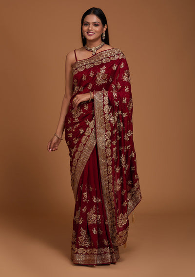 Maroon Zariwork Raw Silk Designer Saree-Koskii