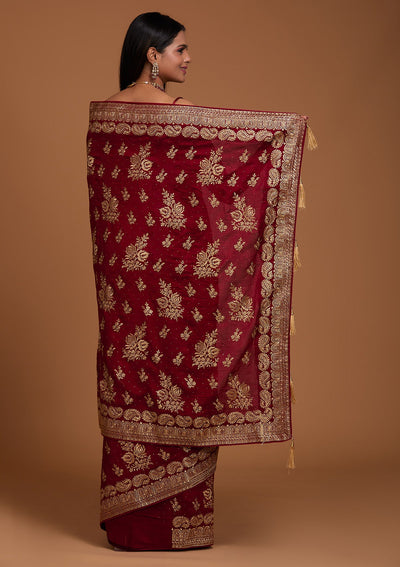 Maroon Zariwork Raw Silk Saree-Koskii