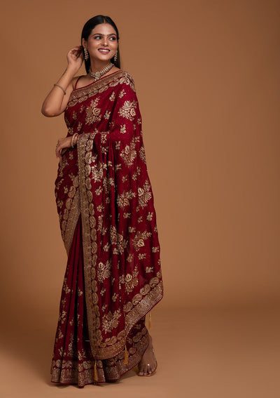 Maroon Zariwork Raw Silk Saree-Koskii