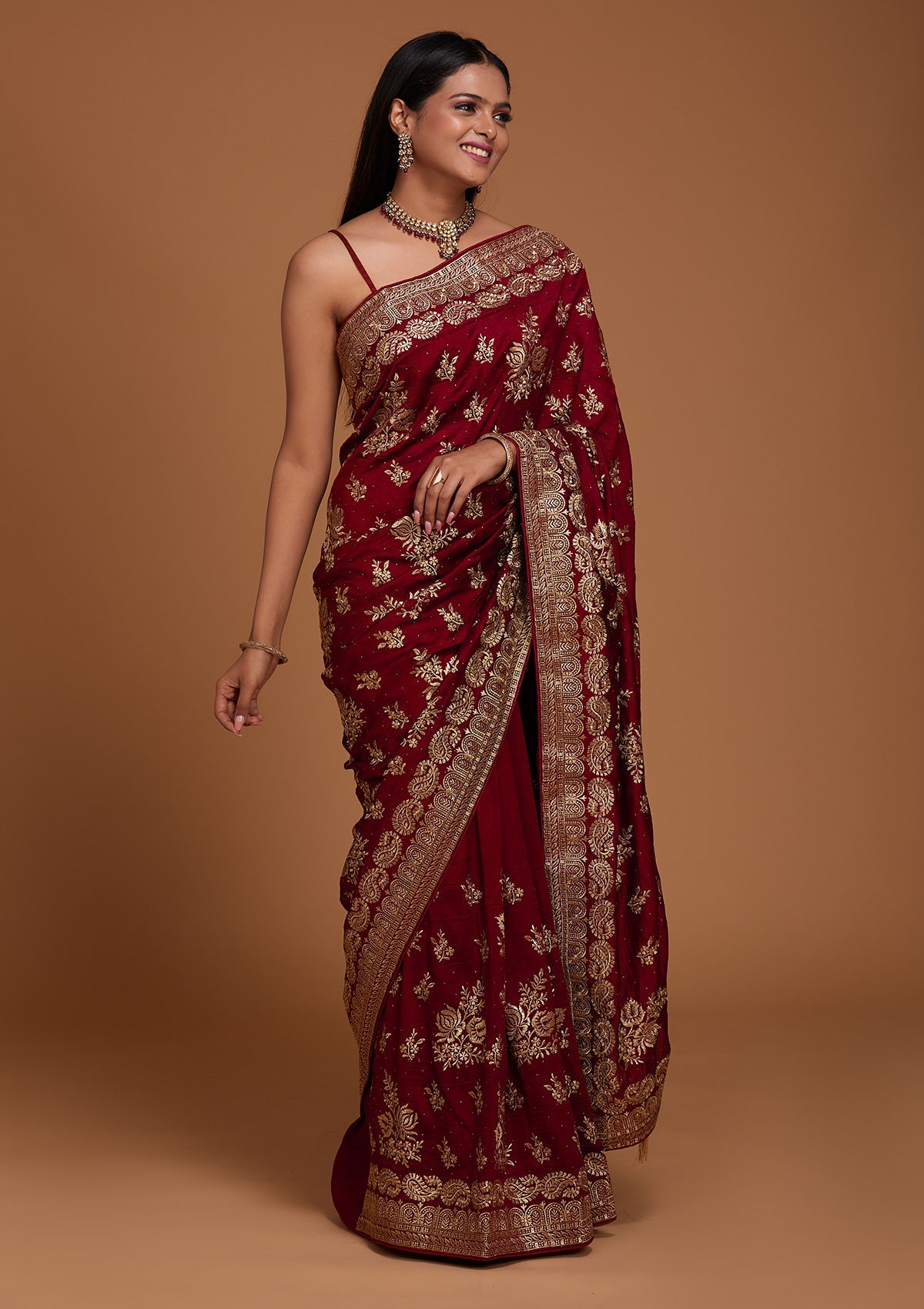 Maroon Zariwork Raw Silk Saree-Koskii