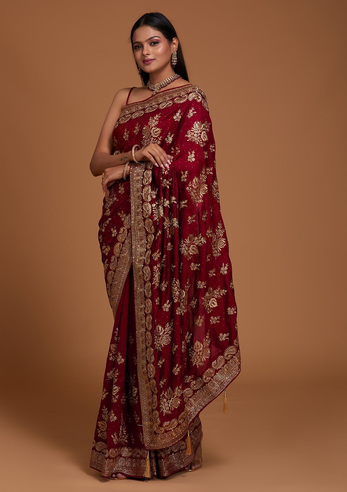 Maroon Zariwork Raw Silk Saree-Koskii