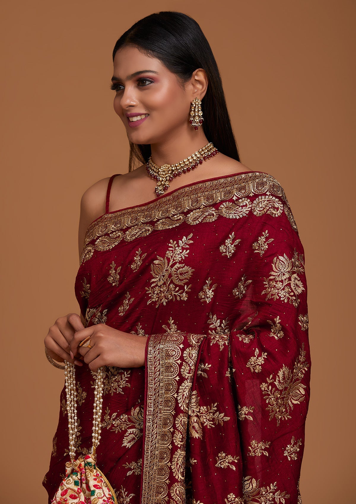 Maroon Zariwork Raw Silk Saree-Koskii