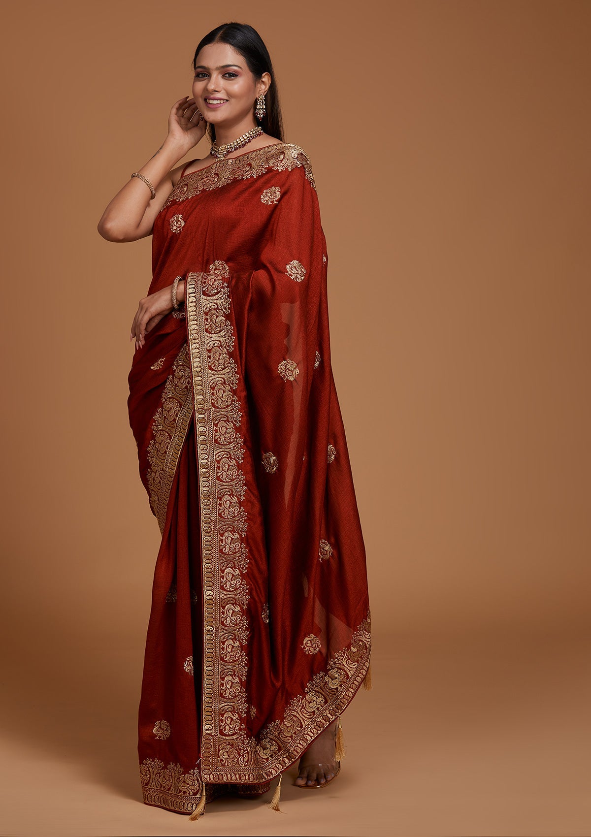 Maroon Zariwork Raw Silk Saree - Koskii